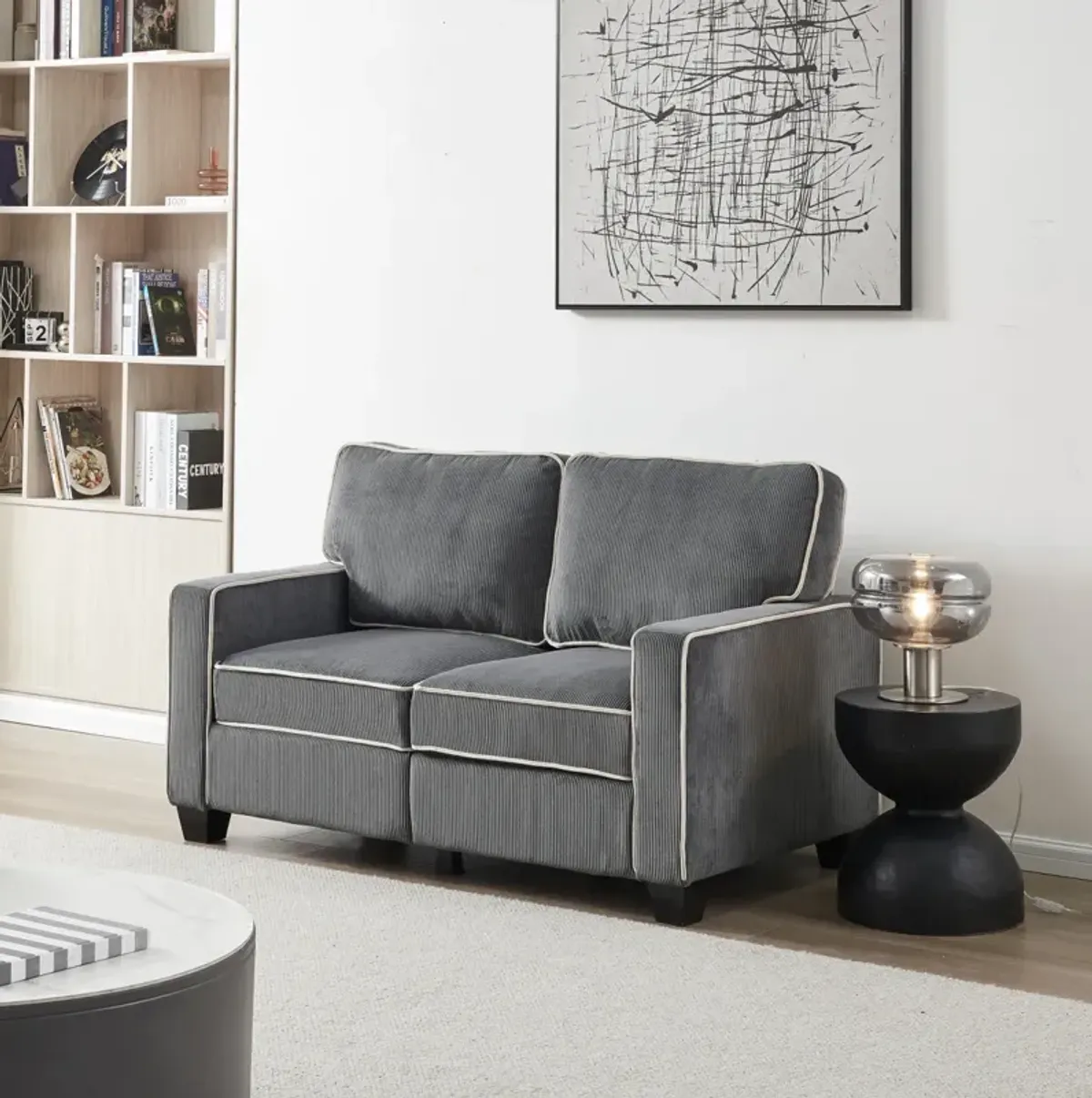 Living Room Sofa Loveseat With Storage Dark Grey Corduroy