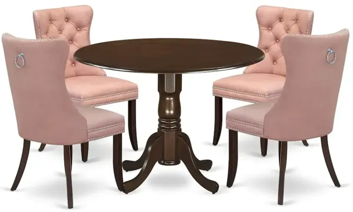 5 Piece Dining Room Set Consists of a Round Solid Wood Table with Dropleaf