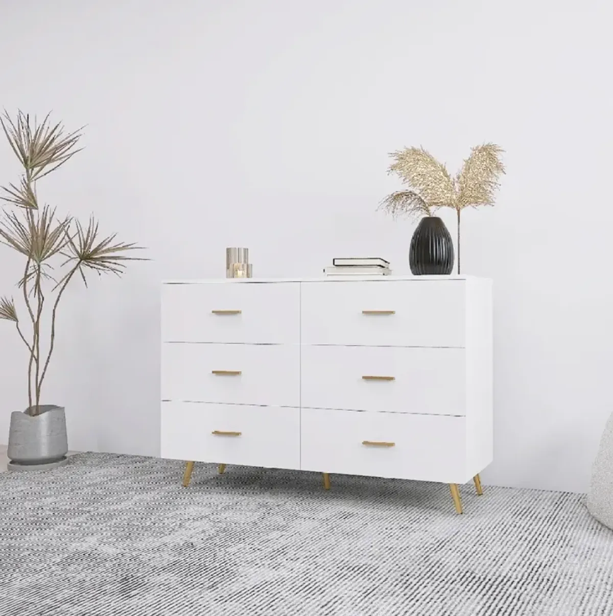 White 6-Drawer Chest with Golden Accents