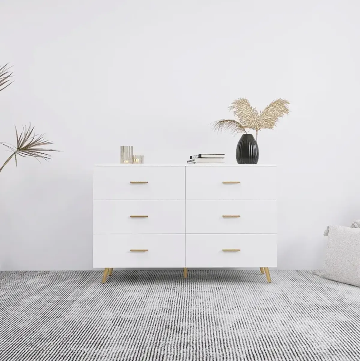 White 6-Drawer Chest with Golden Accents