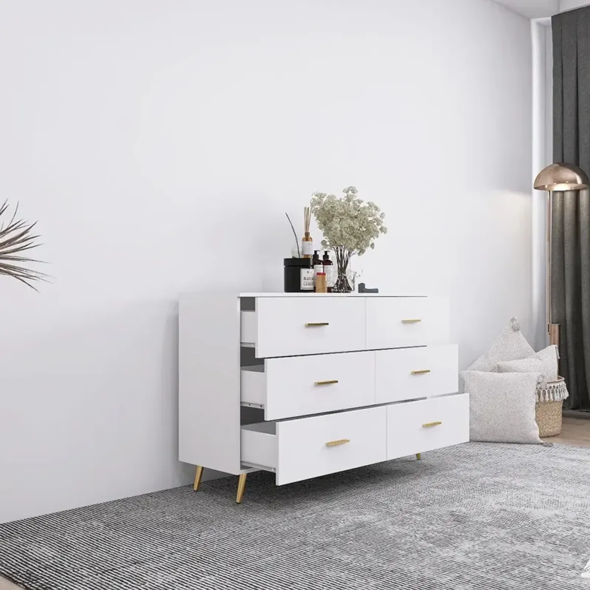 White 6-Drawer Chest with Golden Accents