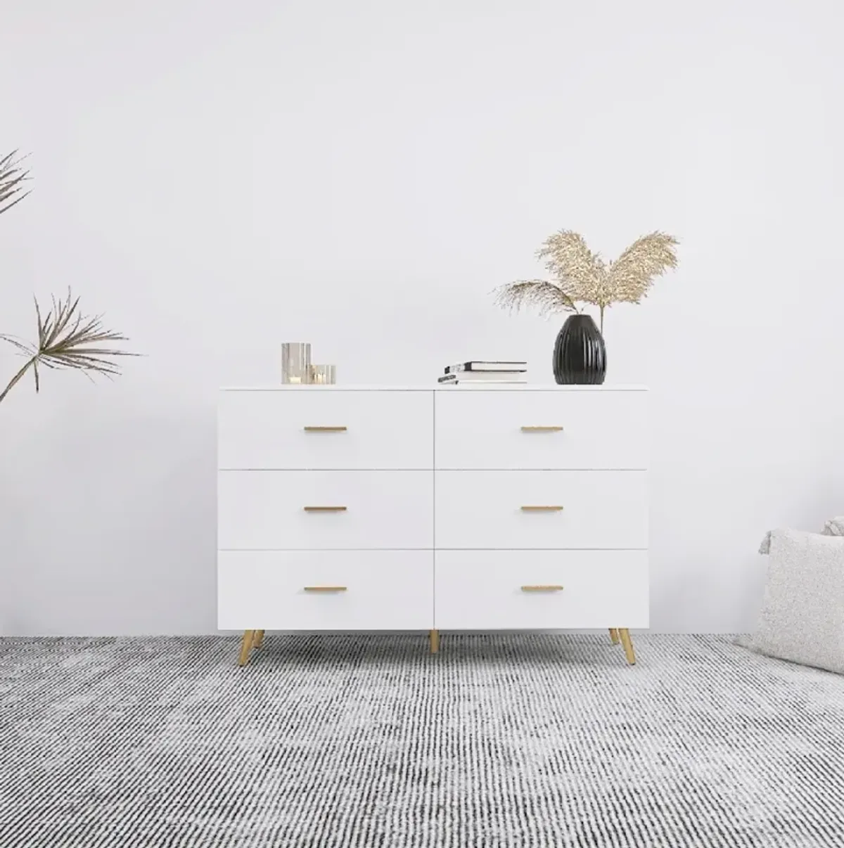 White 6-Drawer Chest with Golden Accents