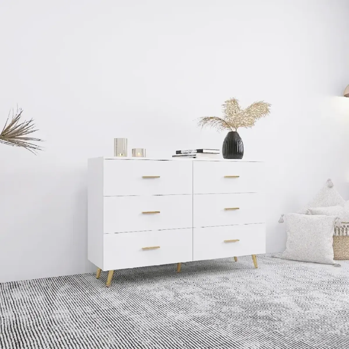 White 6-Drawer Chest with Golden Accents