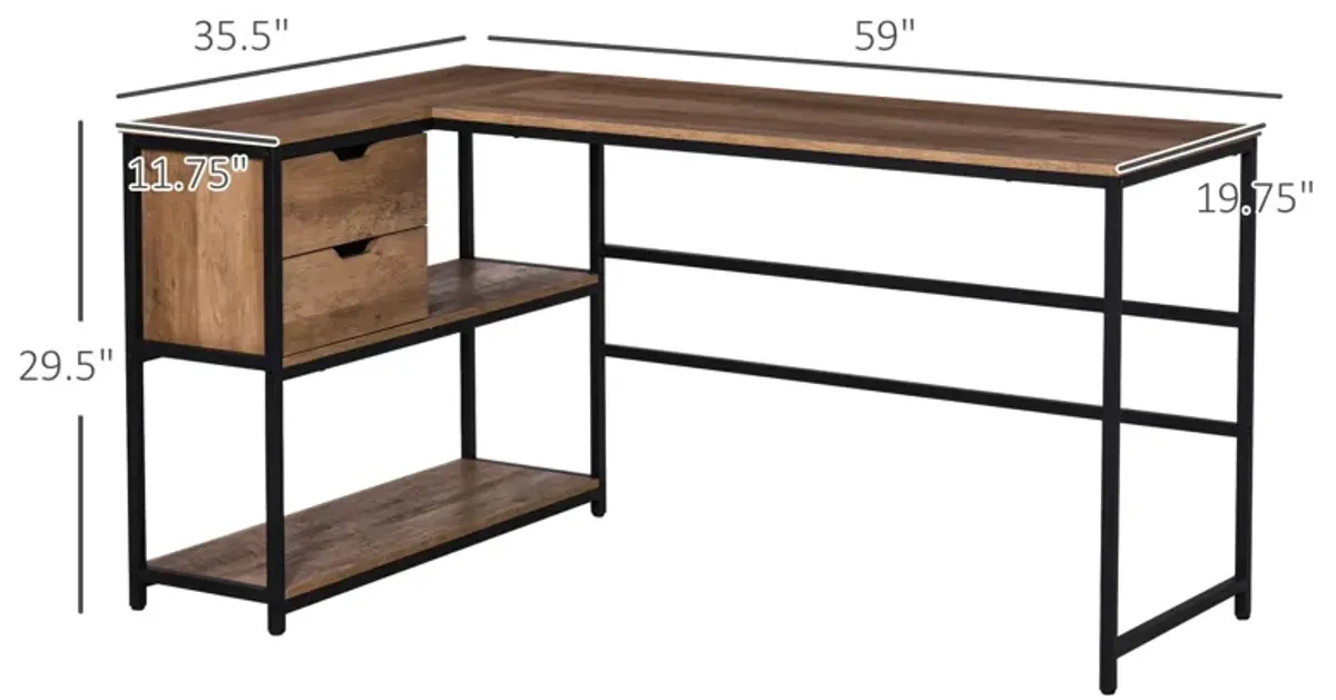 Brown Corner Workstation: L-Shaped Desk with Storage and Drawer