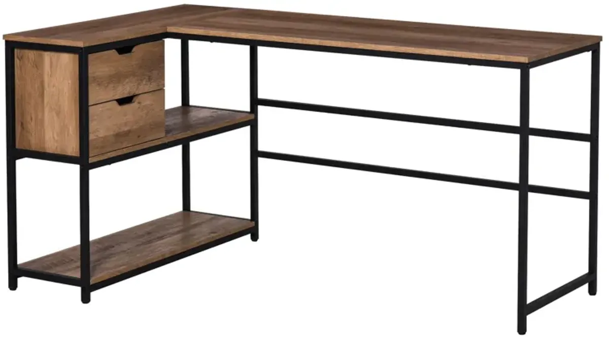 Brown Corner Workstation: L-Shaped Desk with Storage and Drawer