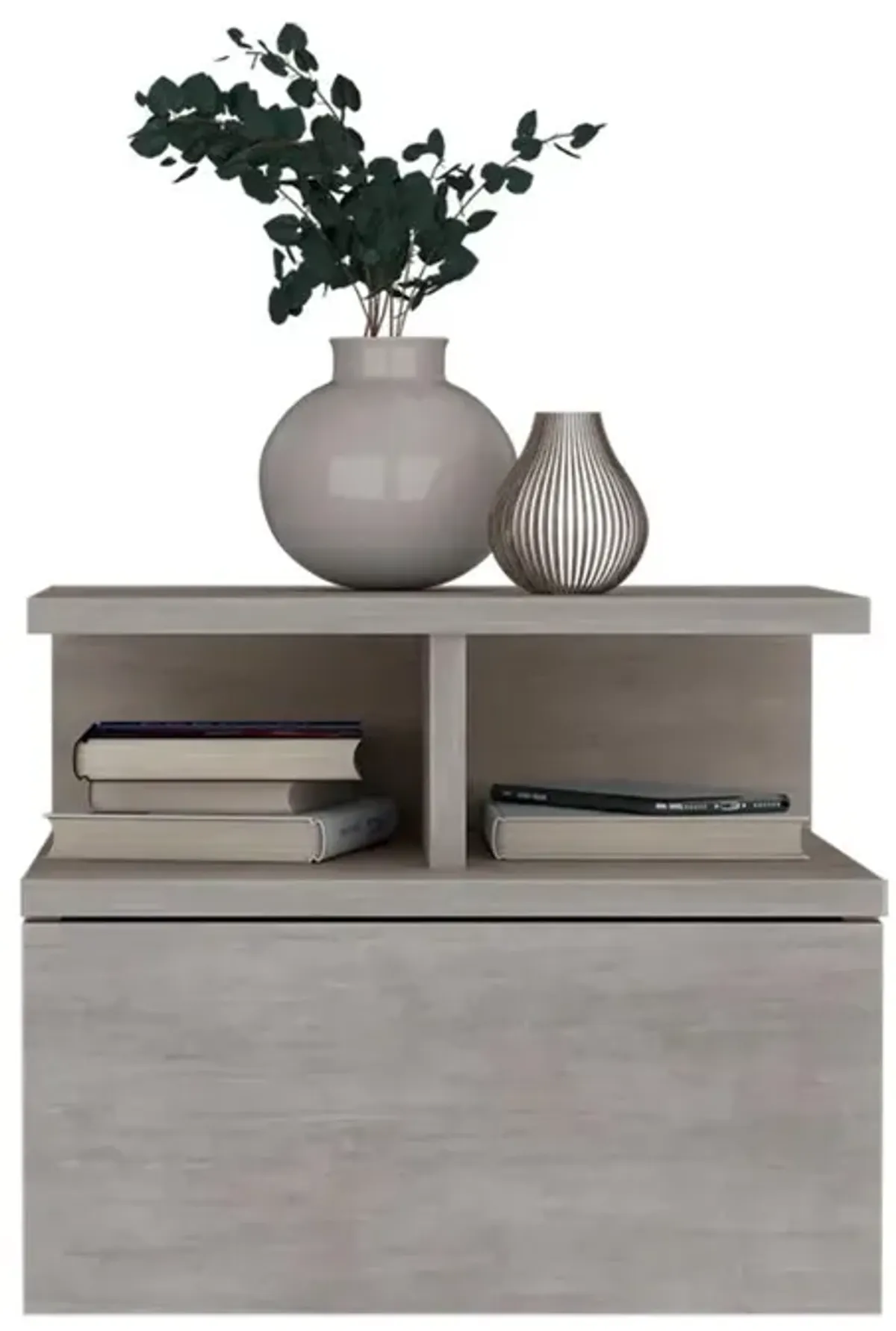 Nightstand, Wall Mounted Single Drawer and 2-Tier Shelf, Concrete Gray -Bedroom