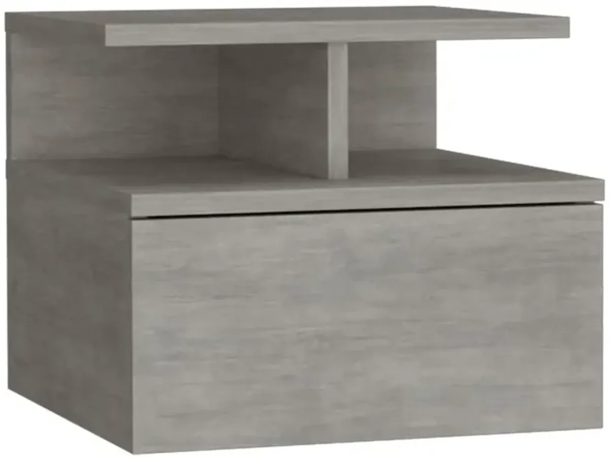 Nightstand, Wall Mounted Single Drawer and 2-Tier Shelf, Concrete Gray -Bedroom