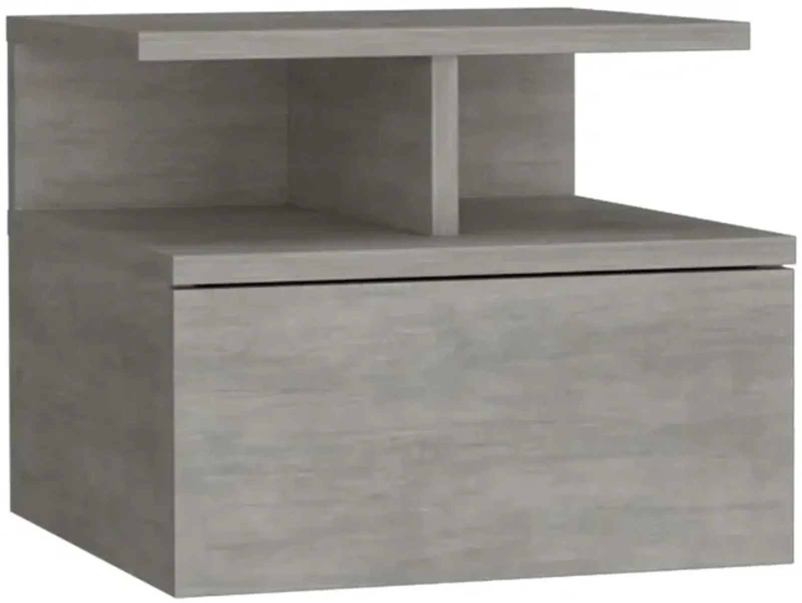 Nightstand, Wall Mounted Single Drawer and 2-Tier Shelf, Concrete Gray -Bedroom