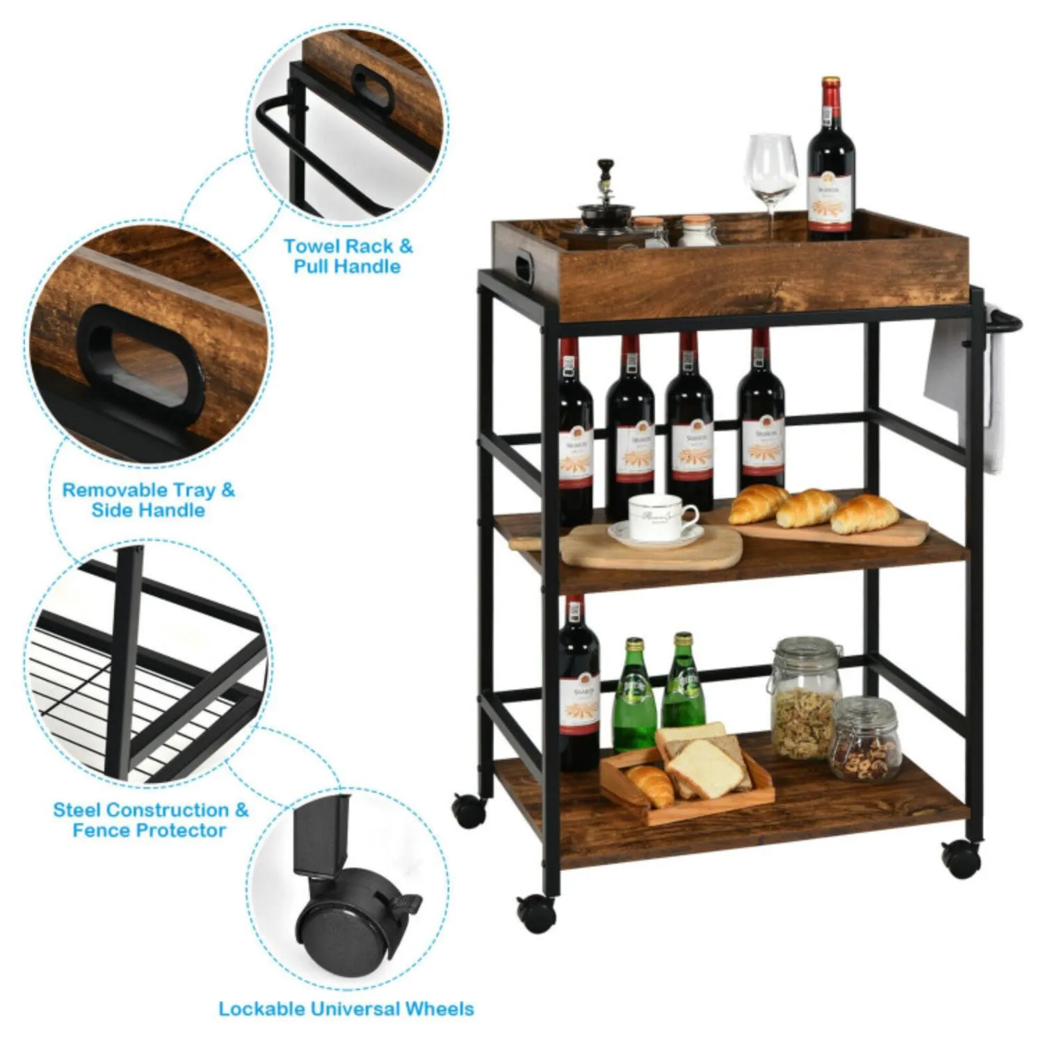 Hivvago 3-Tier Kitchen Serving Bar Cart with Lockable Casters and Handle Rack for Home Pub-Rustic Brown