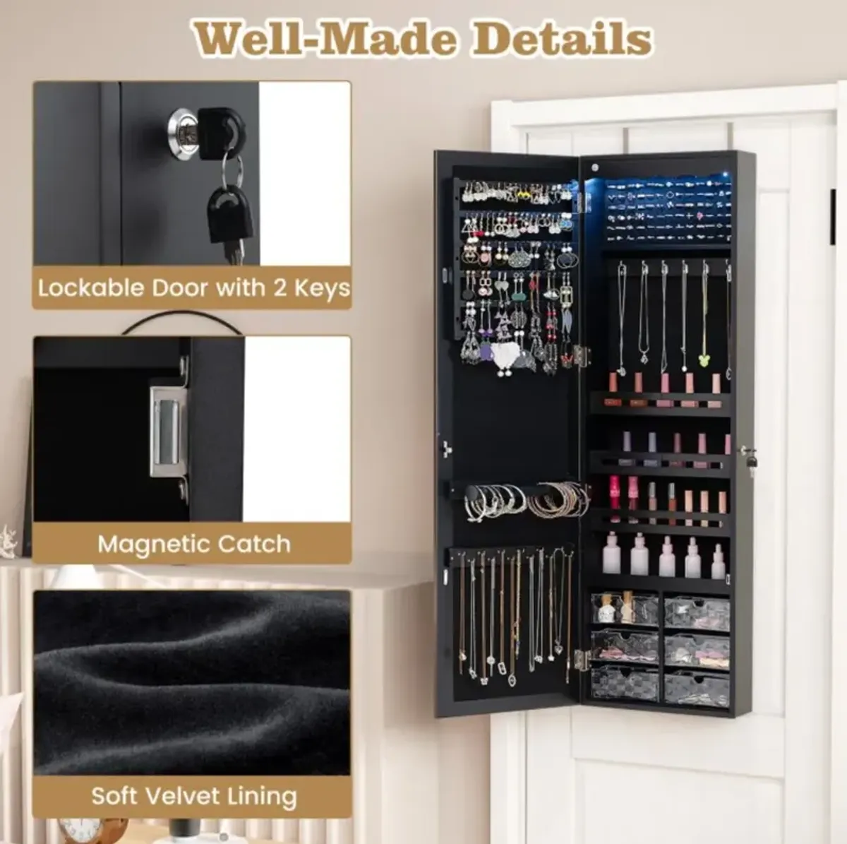 Hivvago 5 LEDs Jewelry Armoire Wall Mounted / Door Hanging Mirror