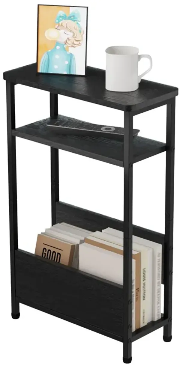 THUMEYE 7.1"" Narrow Side Table for Small Spaces, 3 Tier Small End Table with Magazine Holder, Slim/Skinny Nightstand/Bedside Ta