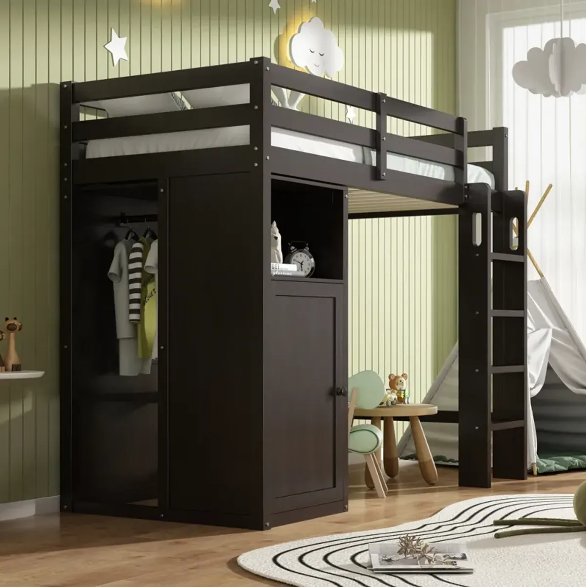 Merax Loft Bed with Wardrobe Storage Shelves and Ladder