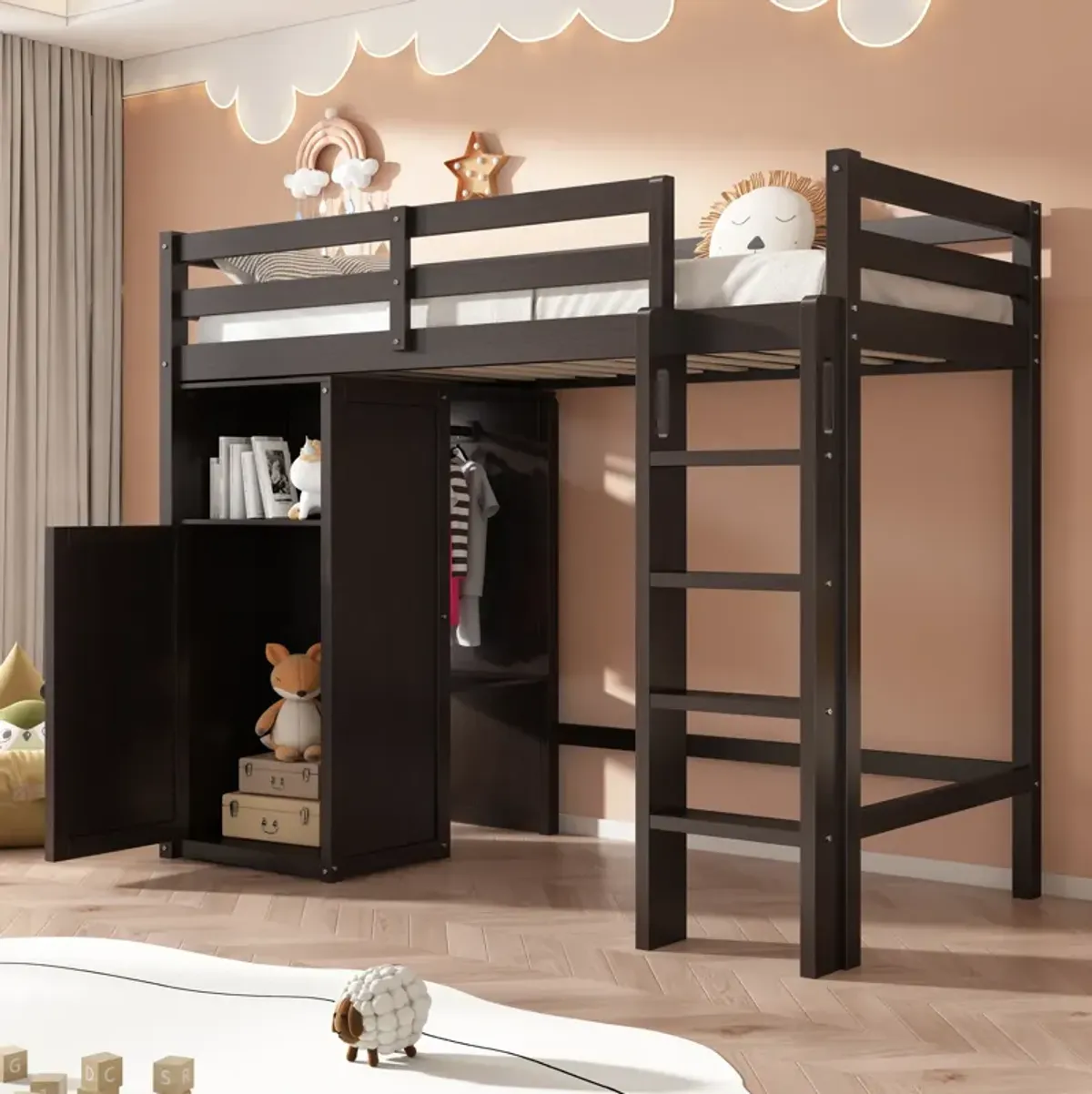 Merax Loft Bed with Wardrobe Storage Shelves and Ladder