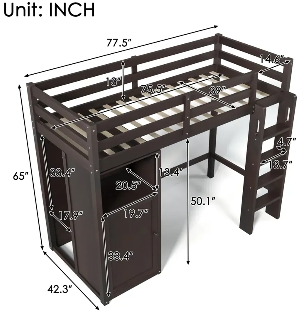 Merax Loft Bed with Wardrobe Storage Shelves and Ladder