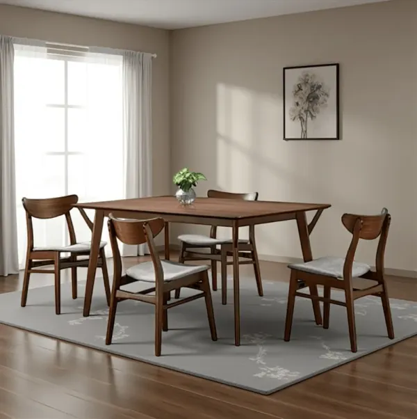 Skie 5pc Dining Table Set, 4 Chairs, Rectangular, Brown Solid Wood, Gray - Benzara