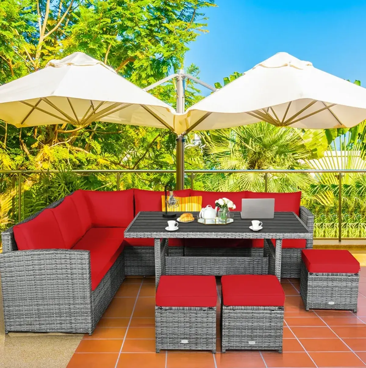 7 Pieces Patio Rattan Dining Furniture Sectional Sofa Set with Wicker Ottoman