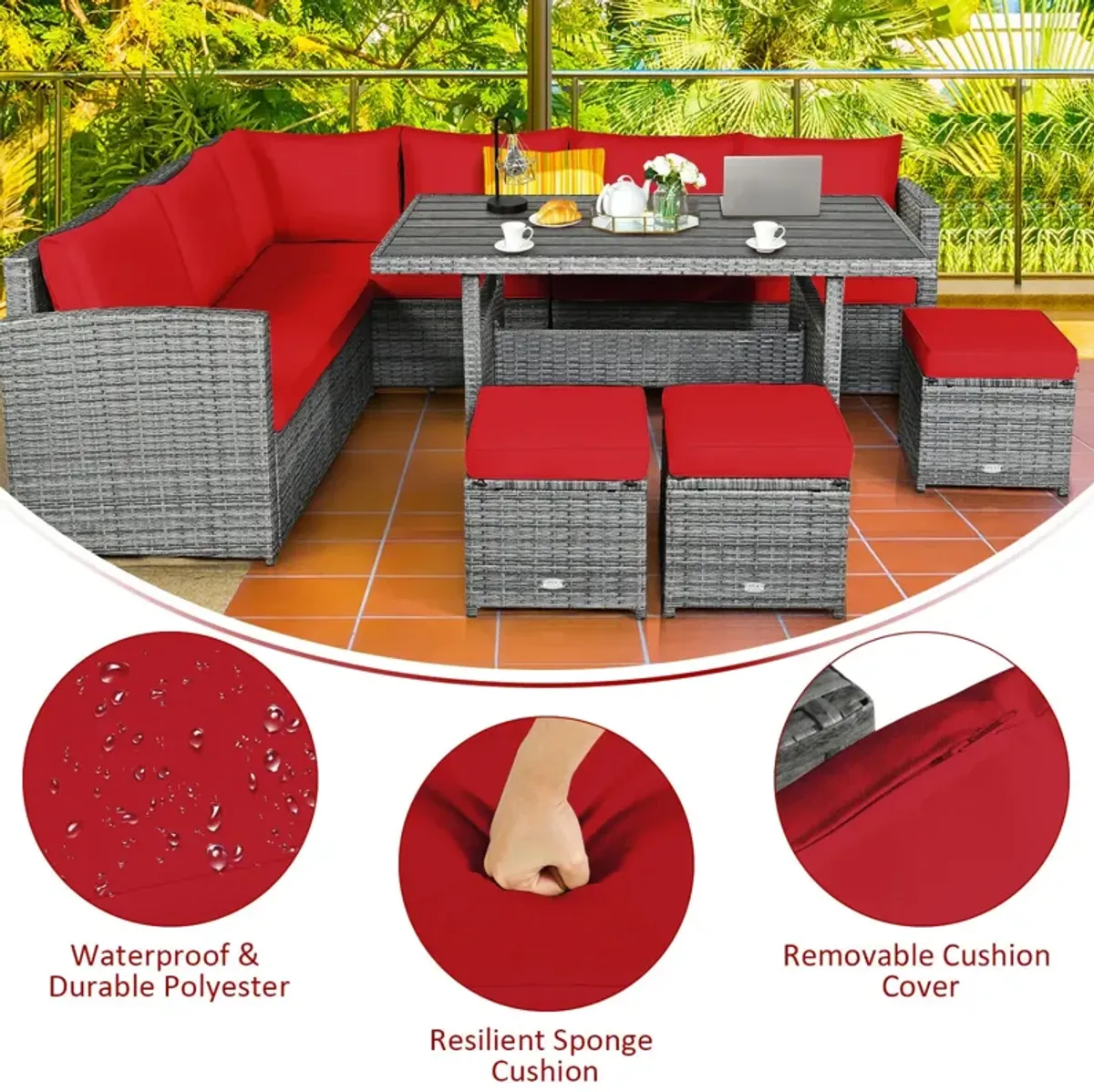 7 Pieces Patio Rattan Dining Furniture Sectional Sofa Set with Wicker Ottoman