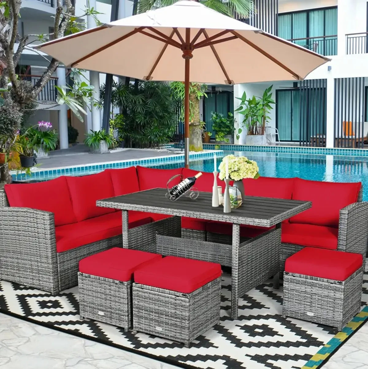 7 Pieces Patio Rattan Dining Furniture Sectional Sofa Set with Wicker Ottoman