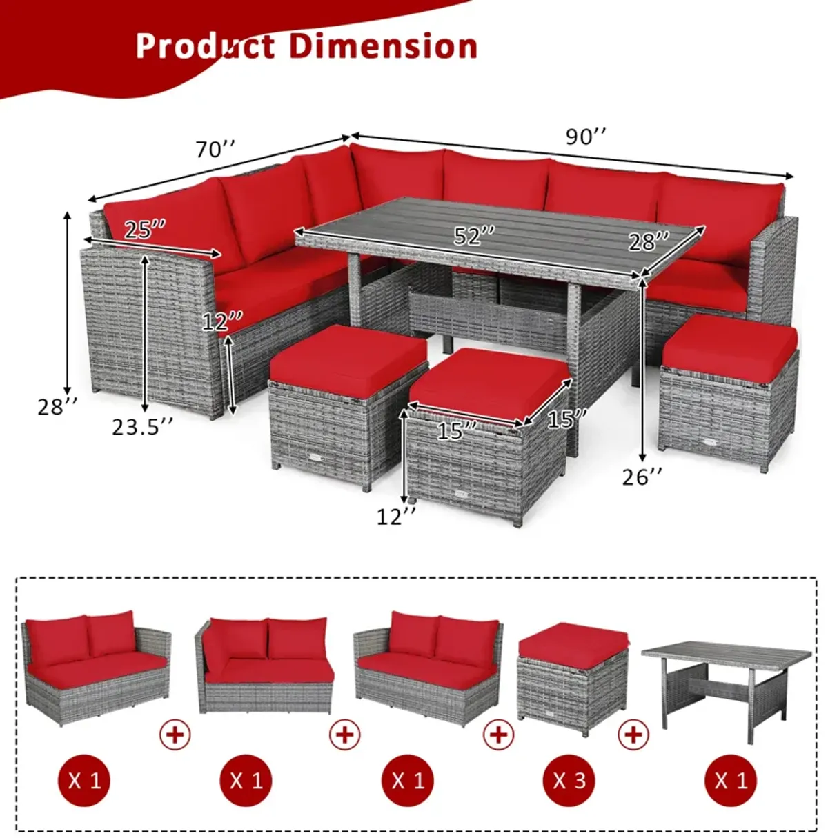 7 Pieces Patio Rattan Dining Furniture Sectional Sofa Set with Wicker Ottoman