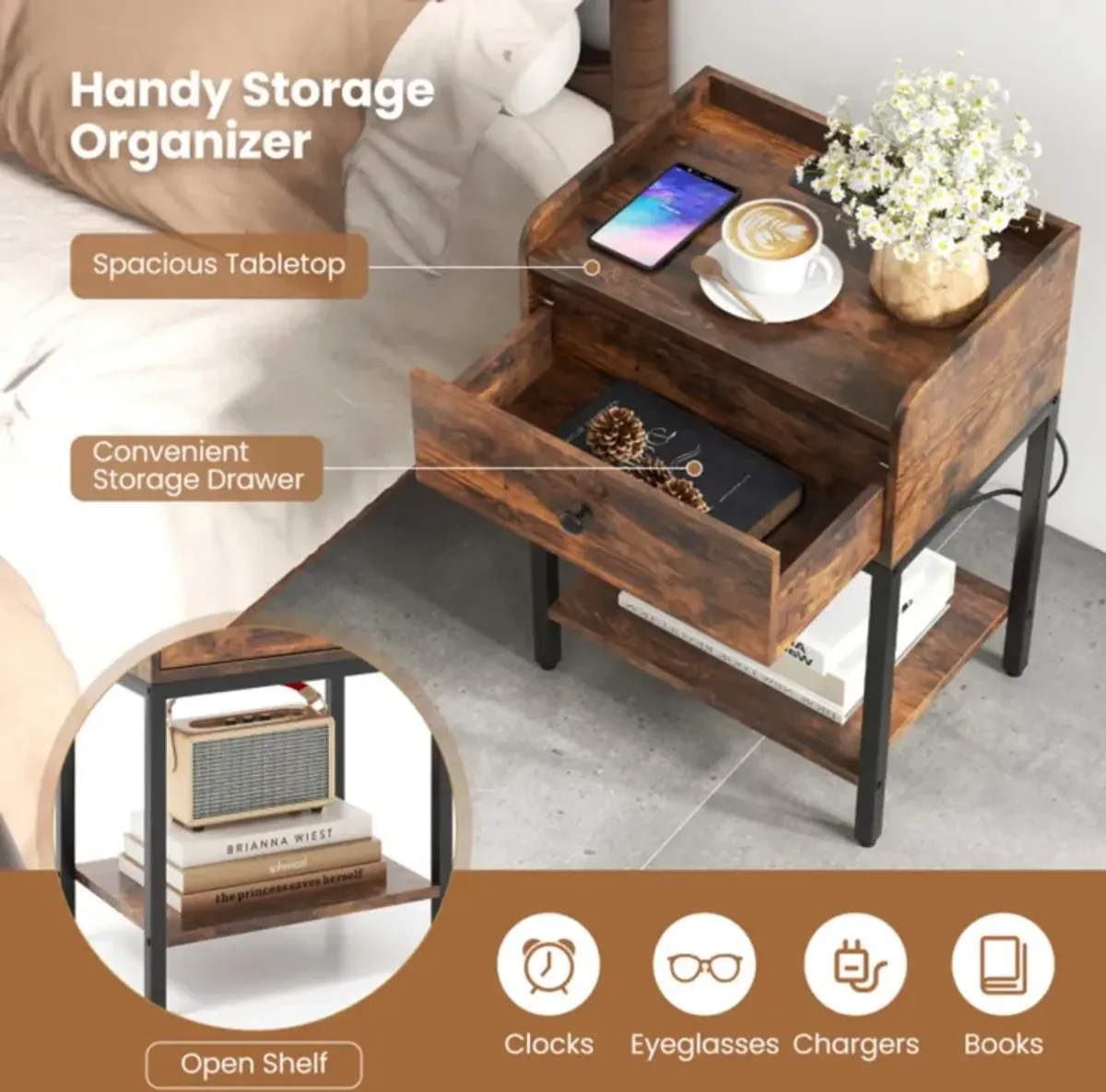 Hivvago Industrial Bedside Table Nightstand with Charging Station