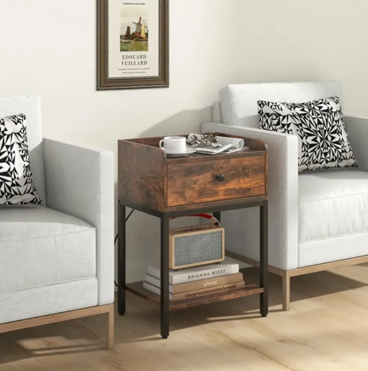 Hivvago Industrial Bedside Table Nightstand with Charging Station