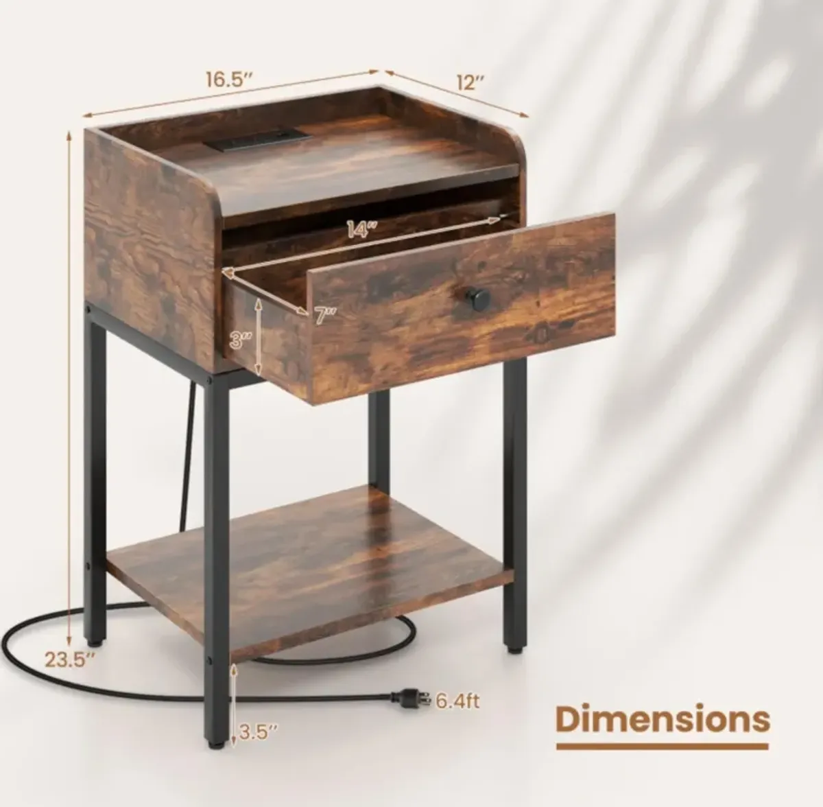 Hivvago Industrial Bedside Table Nightstand with Charging Station