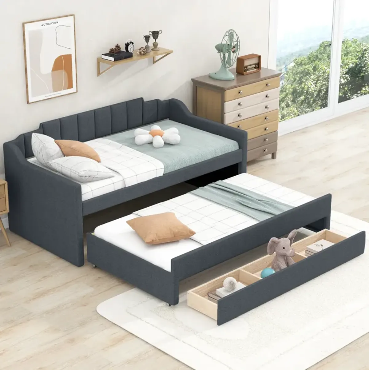 Whisen Morden Design Twin Size Upholstered Daybed with Trundle and Three Drawers