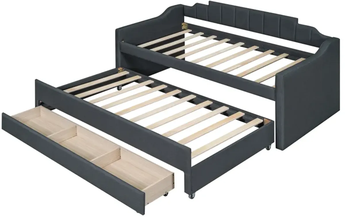 Whisen Morden Design Twin Size Upholstered Daybed with Trundle and Three Drawers