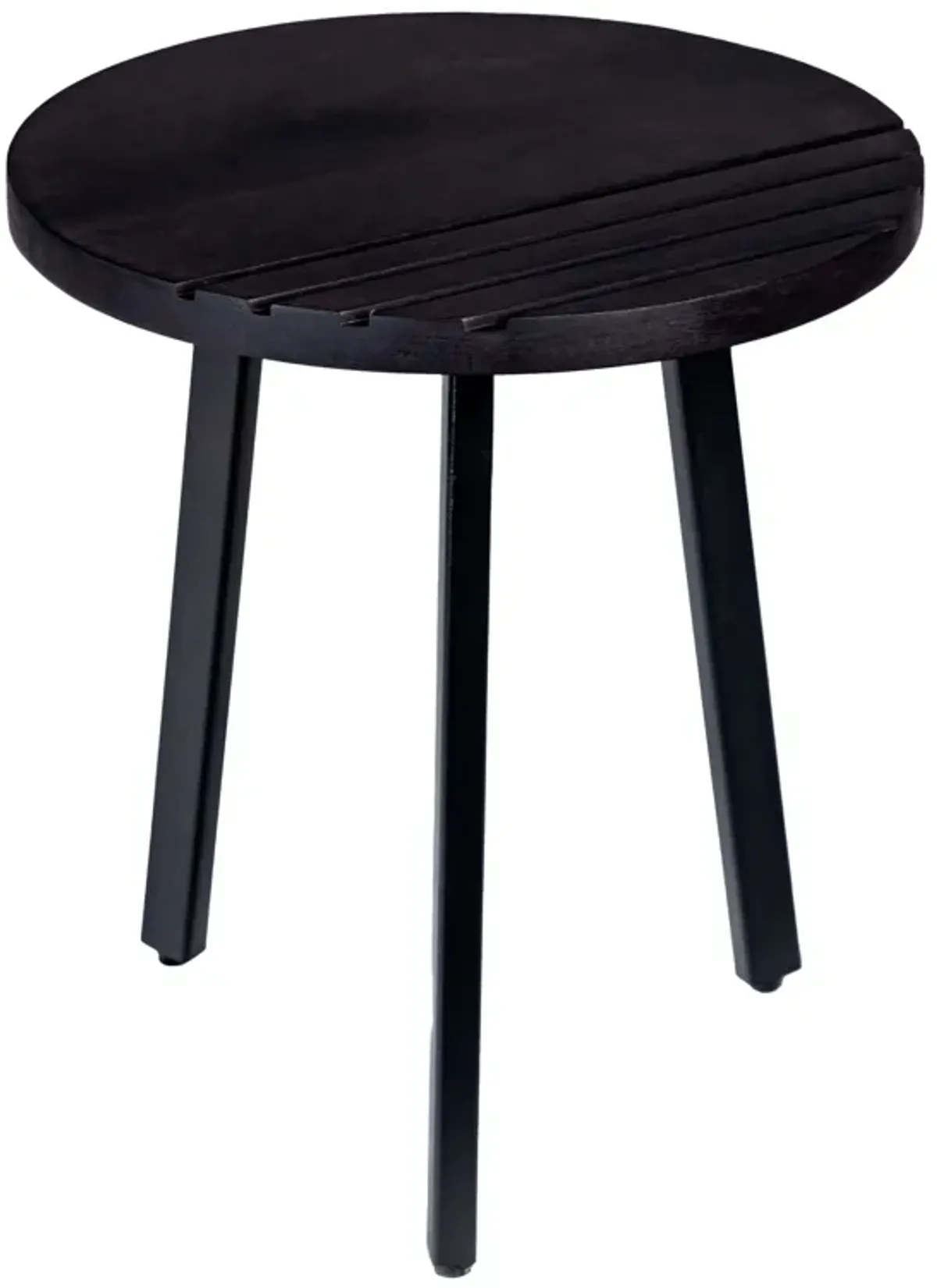 18 Inch Round Mango Wood Side End Table, Grooved Design, Metal Legs, Black-Benzara