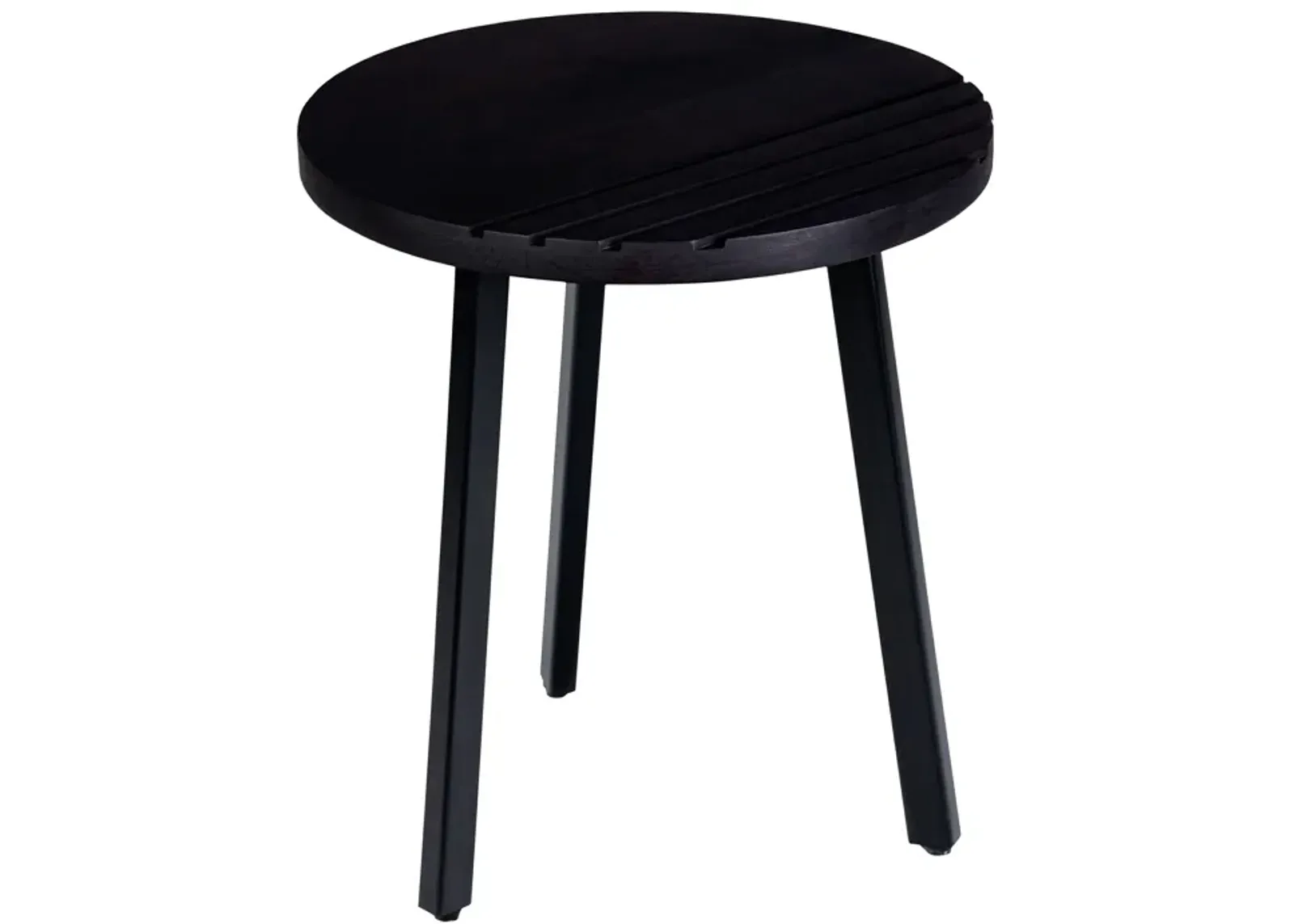 18 Inch Round Mango Wood Side End Table, Grooved Design, Metal Legs, Black-Benzara