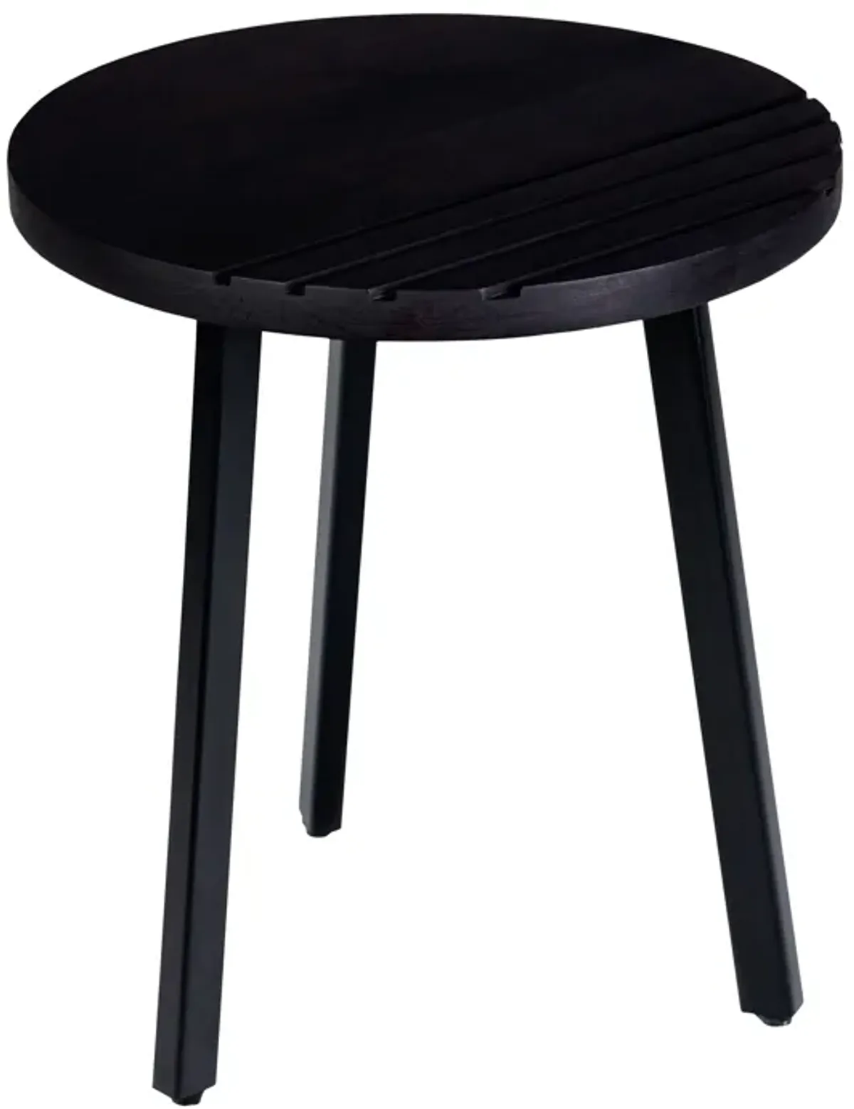 18 Inch Round Mango Wood Side End Table, Grooved Design, Metal Legs, Black-Benzara