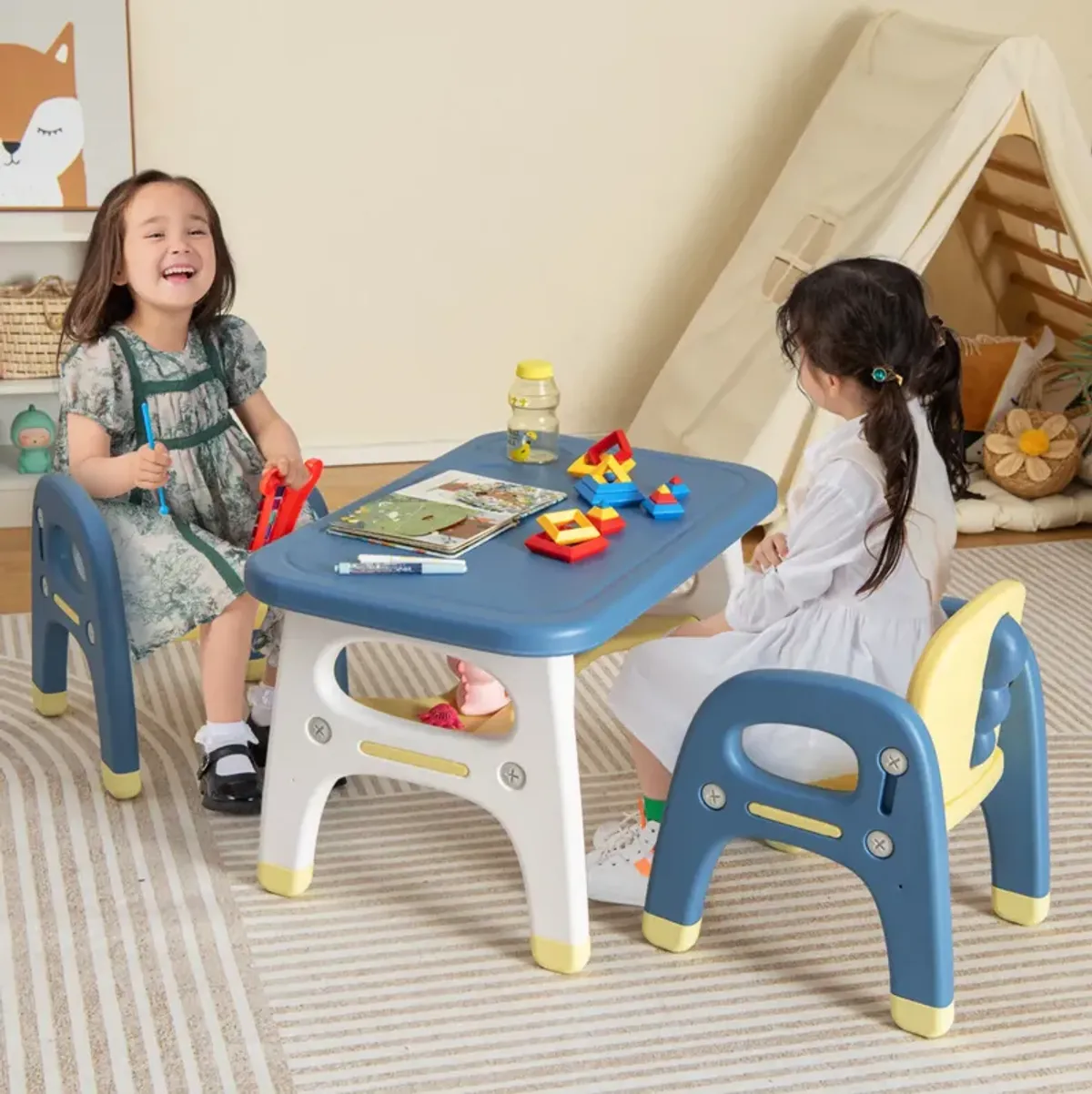 Kids Table and 2 Chairs Set with Storage Shelf and Building Blocks