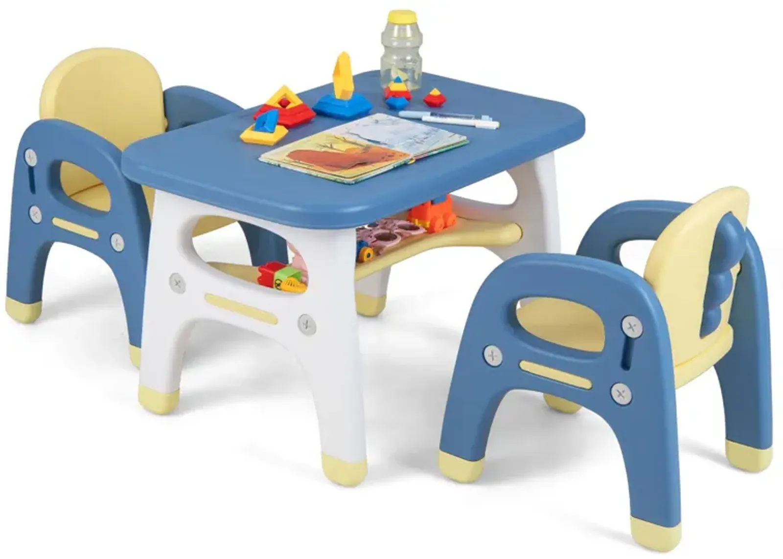 Kids Table and 2 Chairs Set with Storage Shelf and Building Blocks