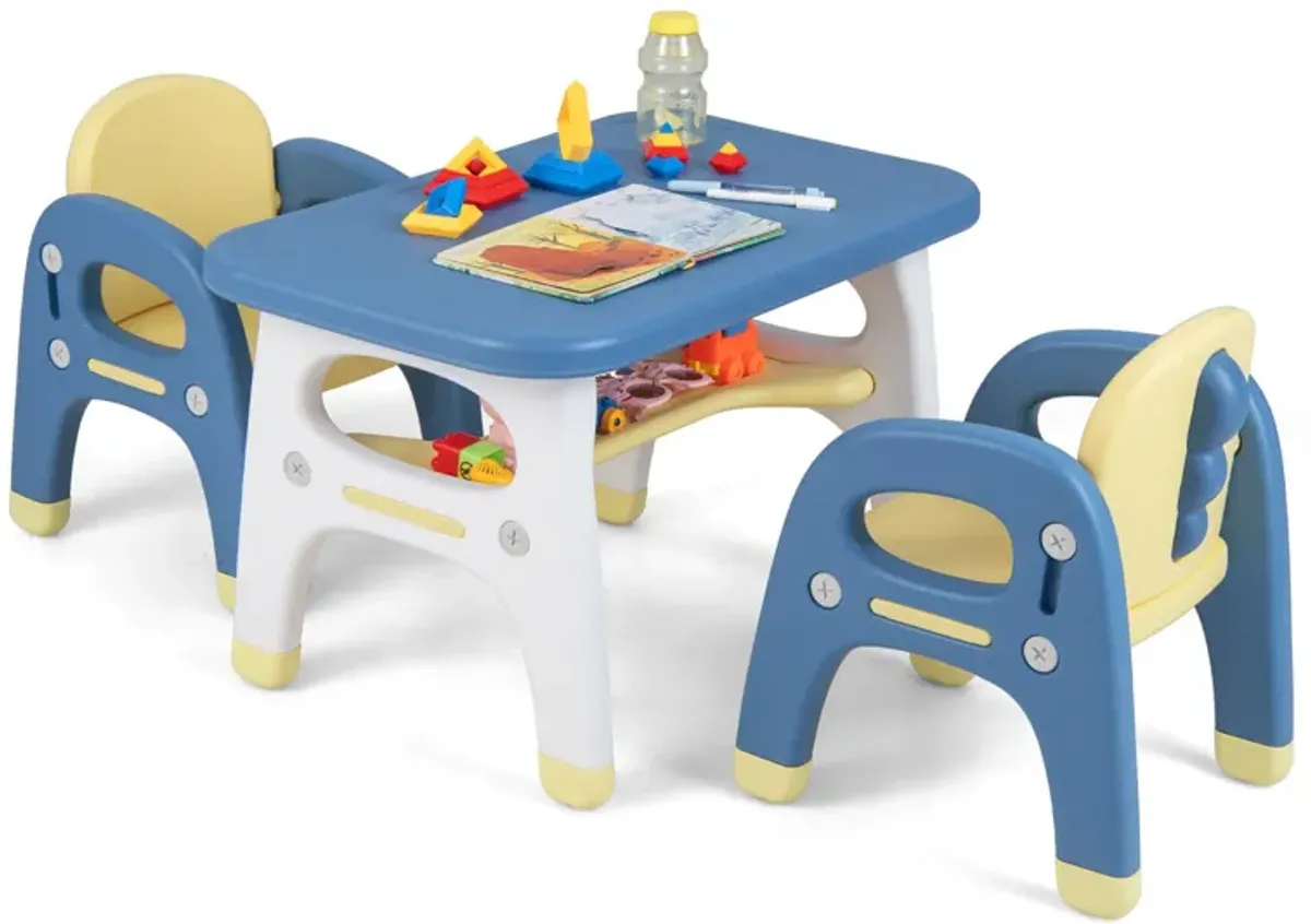 Kids Table and 2 Chairs Set with Storage Shelf and Building Blocks