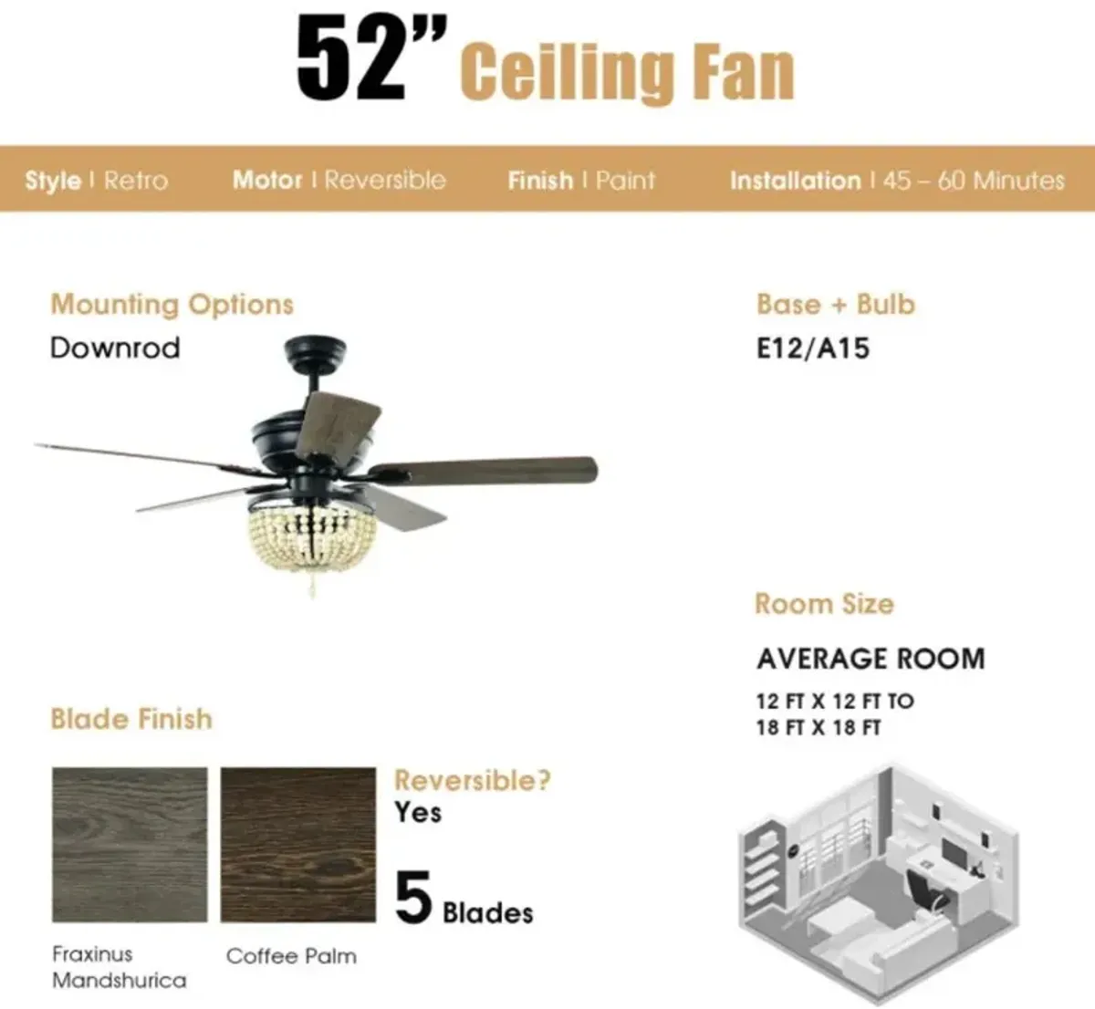 Hivvago 52 Inch Retro Ceiling Fan Light with Reversible Blades Remote Control