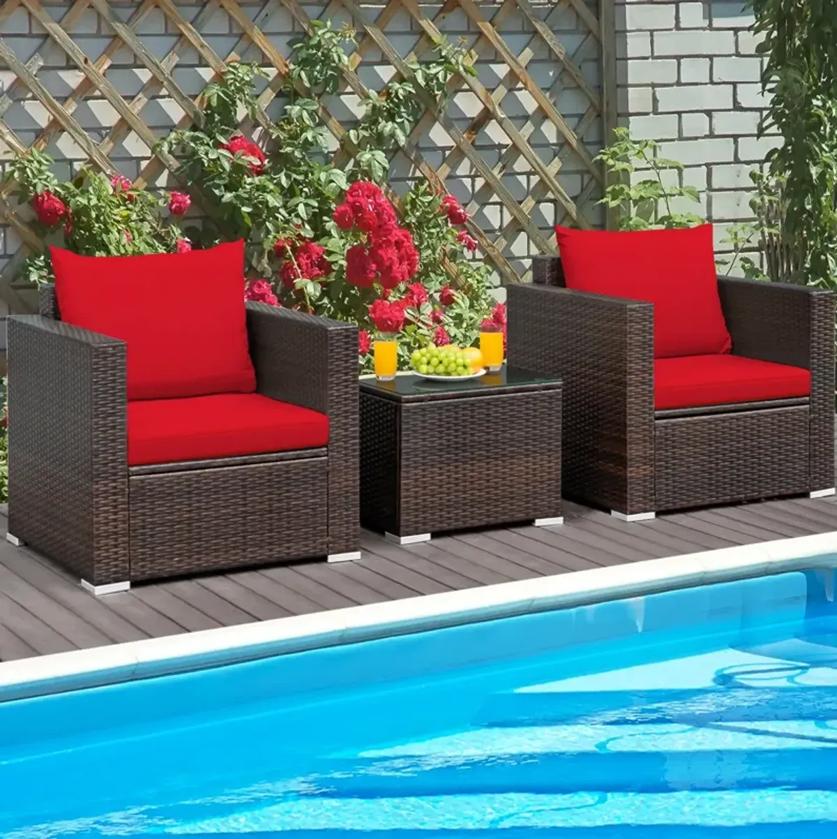 3 Pieces Patio Conversation Rattan Furniture Set with Cushion