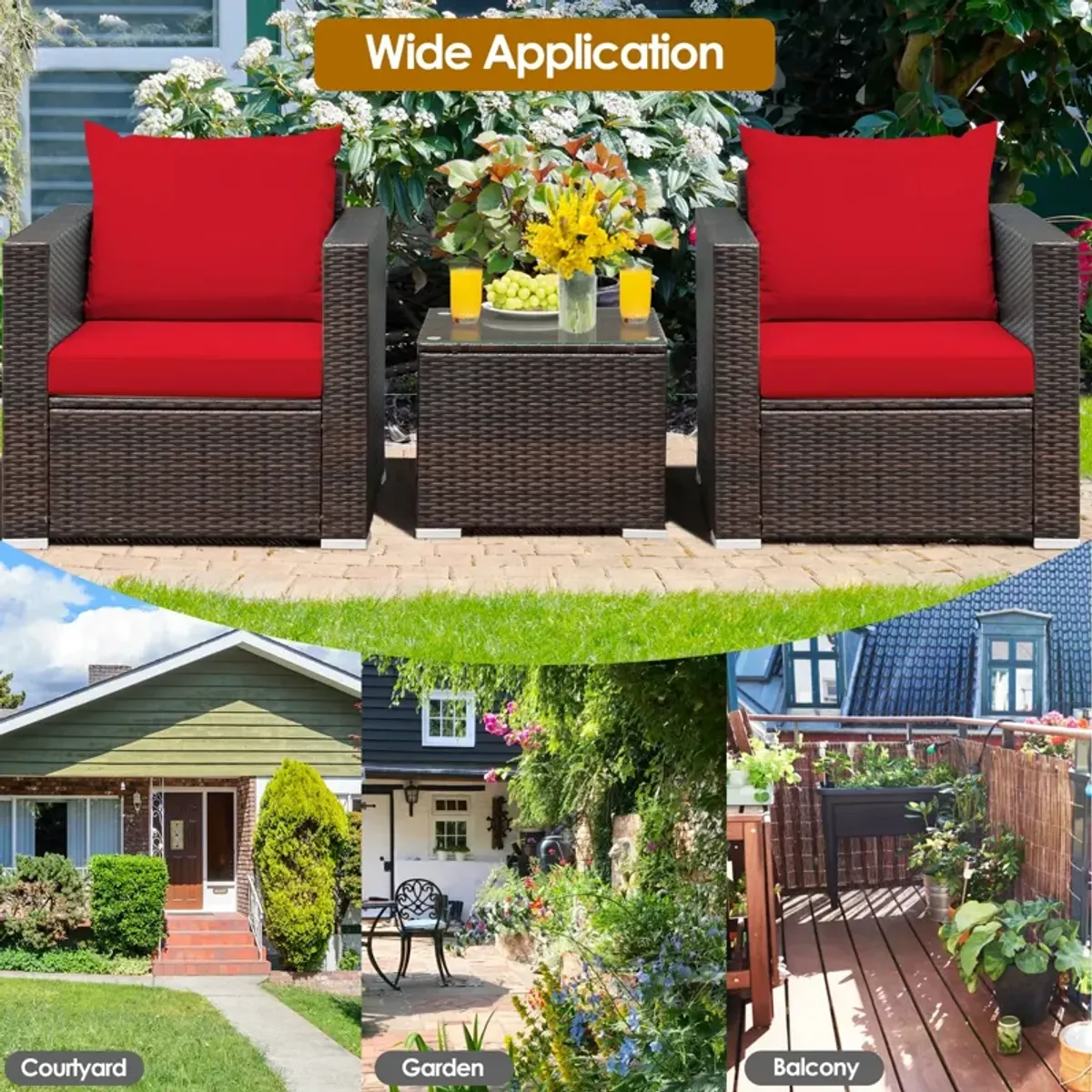 3 Pieces Patio Conversation Rattan Furniture Set with Cushion