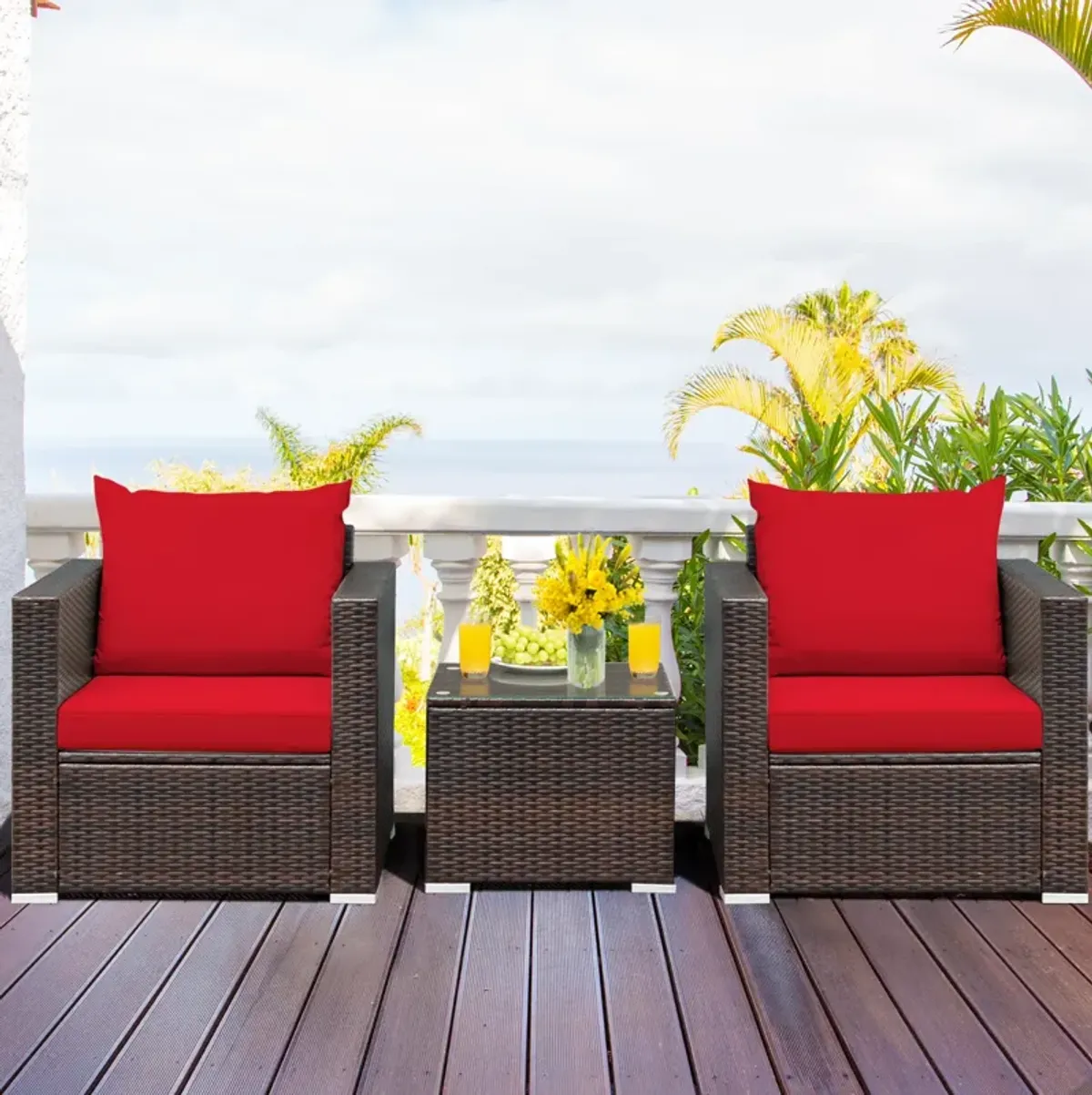 3 Pieces Patio Conversation Rattan Furniture Set with Cushion