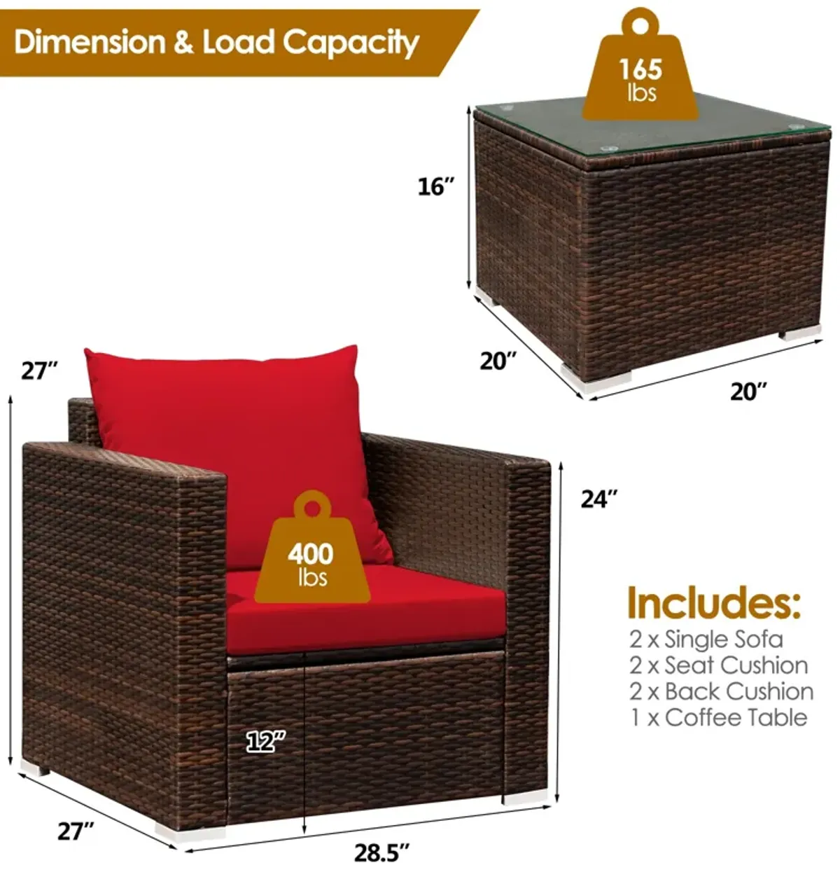 3 Pieces Patio Conversation Rattan Furniture Set with Cushion