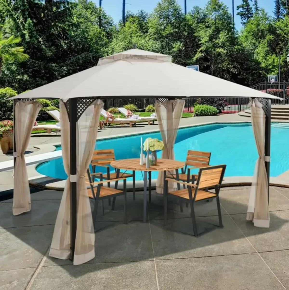 Hivvago 12 x 10 Feet Outdoor Double Top Patio Gazebo with Netting