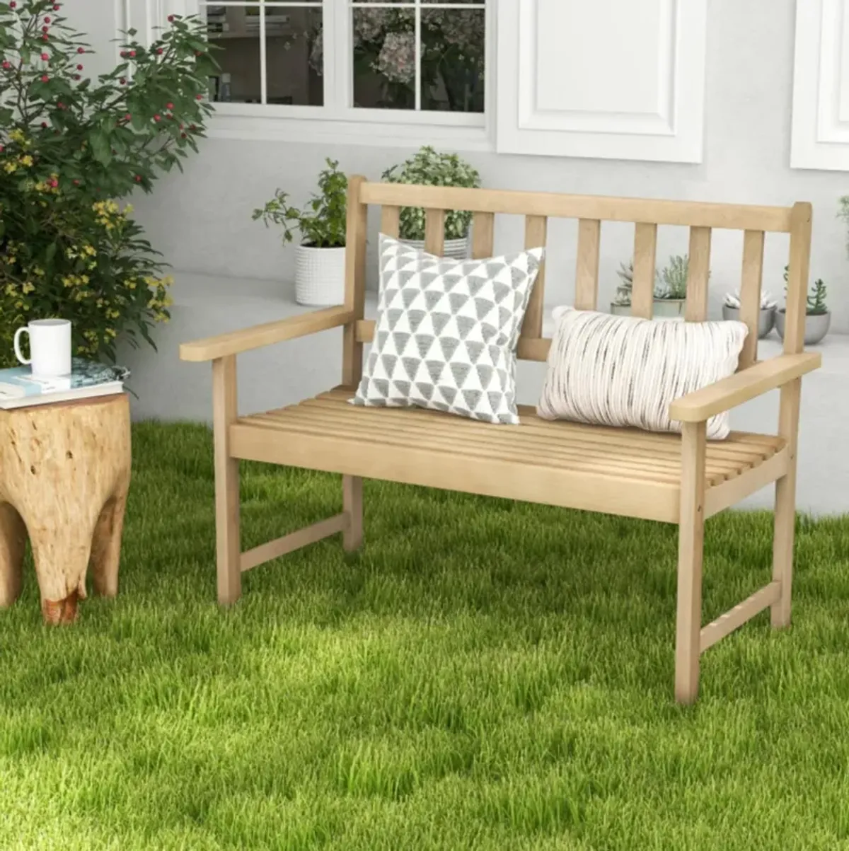 Hivvago Outdoor Teak Wood Garden Bench 2-Person with Backrest and Armrests