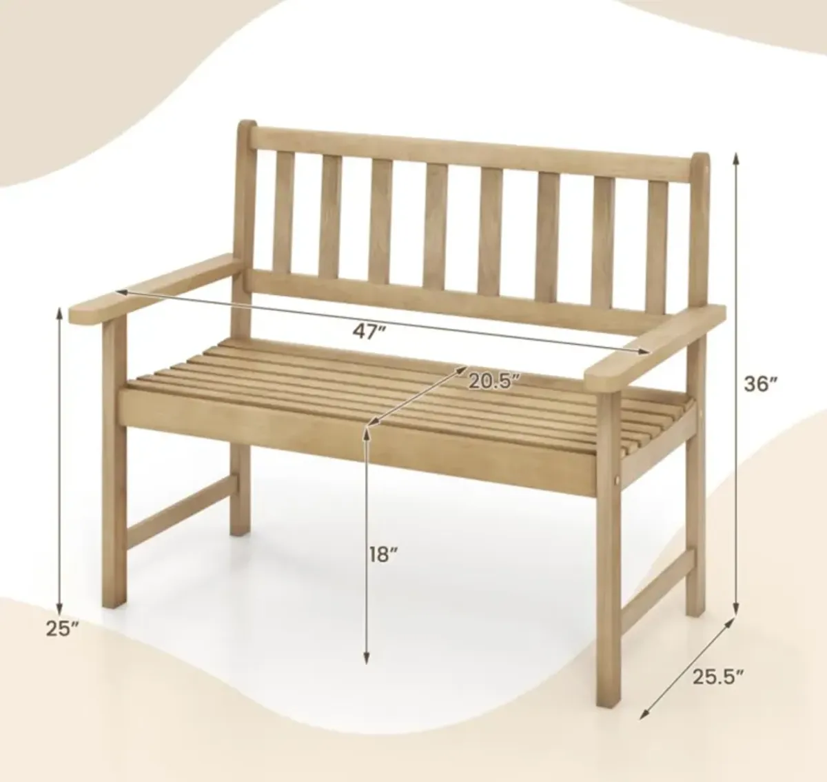 Hivvago Outdoor Teak Wood Garden Bench 2-Person with Backrest and Armrests