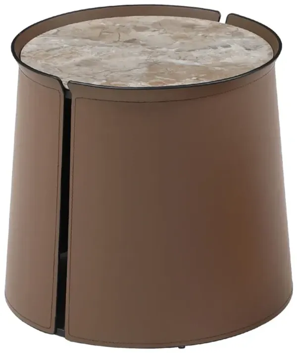 Luxe Saddle Leather Coffee Table with Brown Marble Top Iron Art Side Table for Elegant Decor