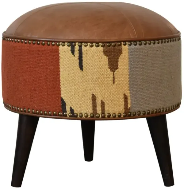 Durrie & Leather Mixed  Solid Wood Footstool