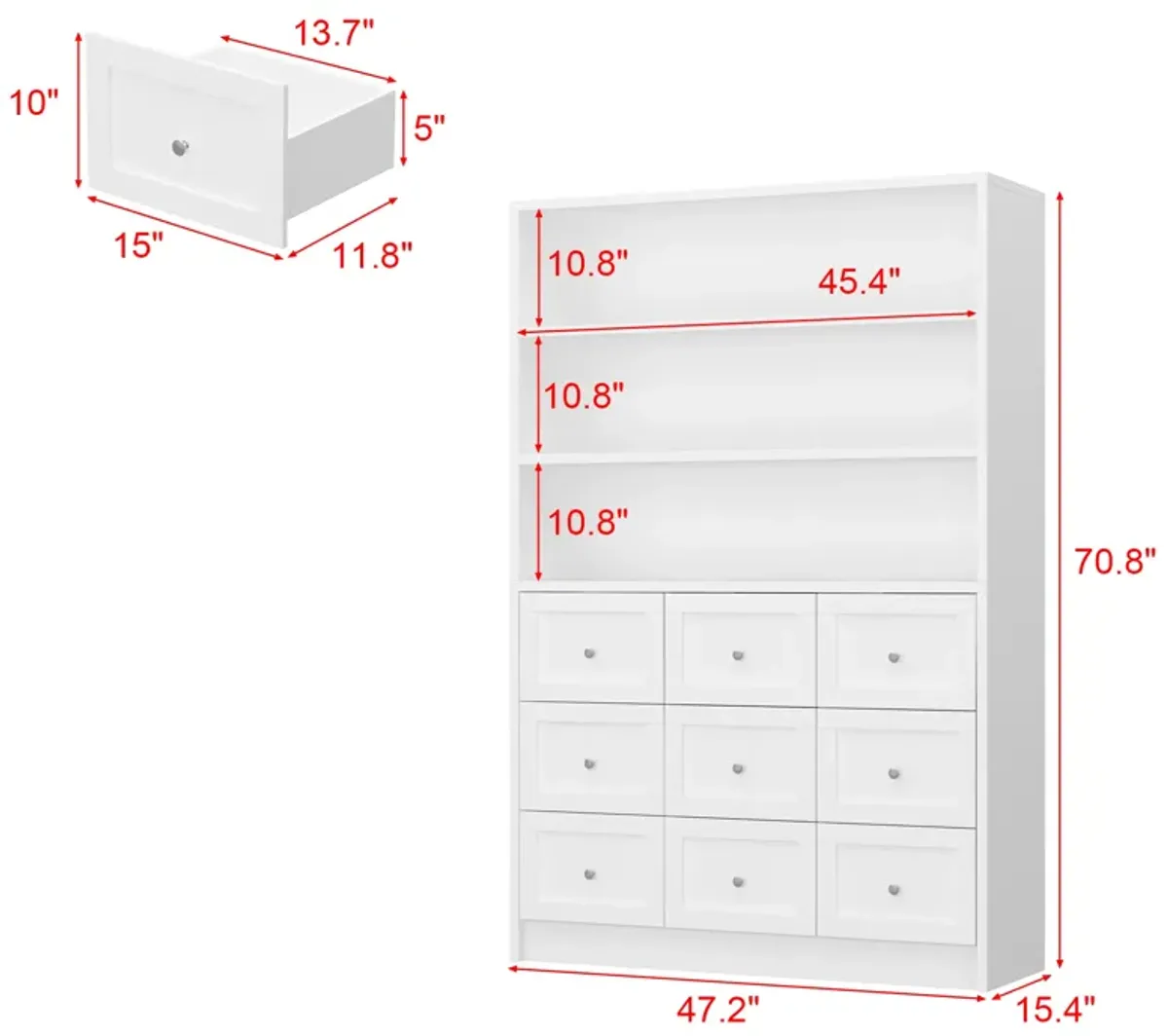 2-in-1 Tall Bookcase Bookshelf with 3-Tier Shelves & 9 Drawers, Modern Wooden Storage Display Cabinet for Home Office Living Room, White, 47.2" W x 15.4" D x 70.8" H