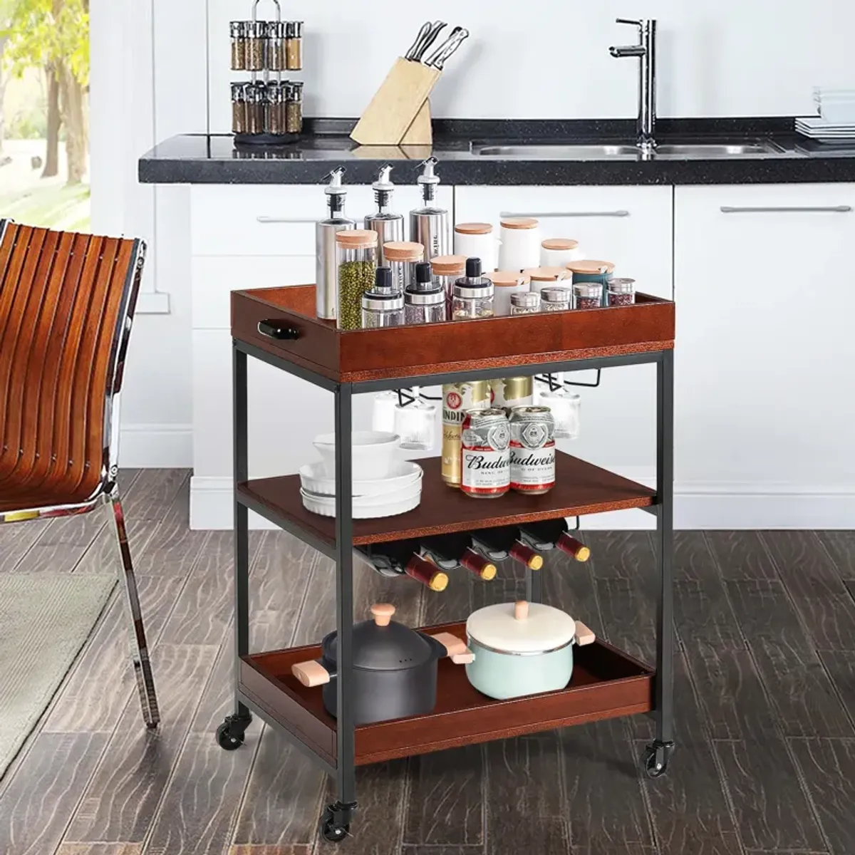 3 Tiers Kitchen Island Serving Bar Cart with Glasses Holder and Wine Bottle Rack