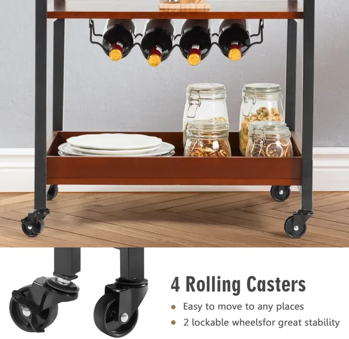 3 Tiers Kitchen Island Serving Bar Cart with Glasses Holder and Wine Bottle Rack