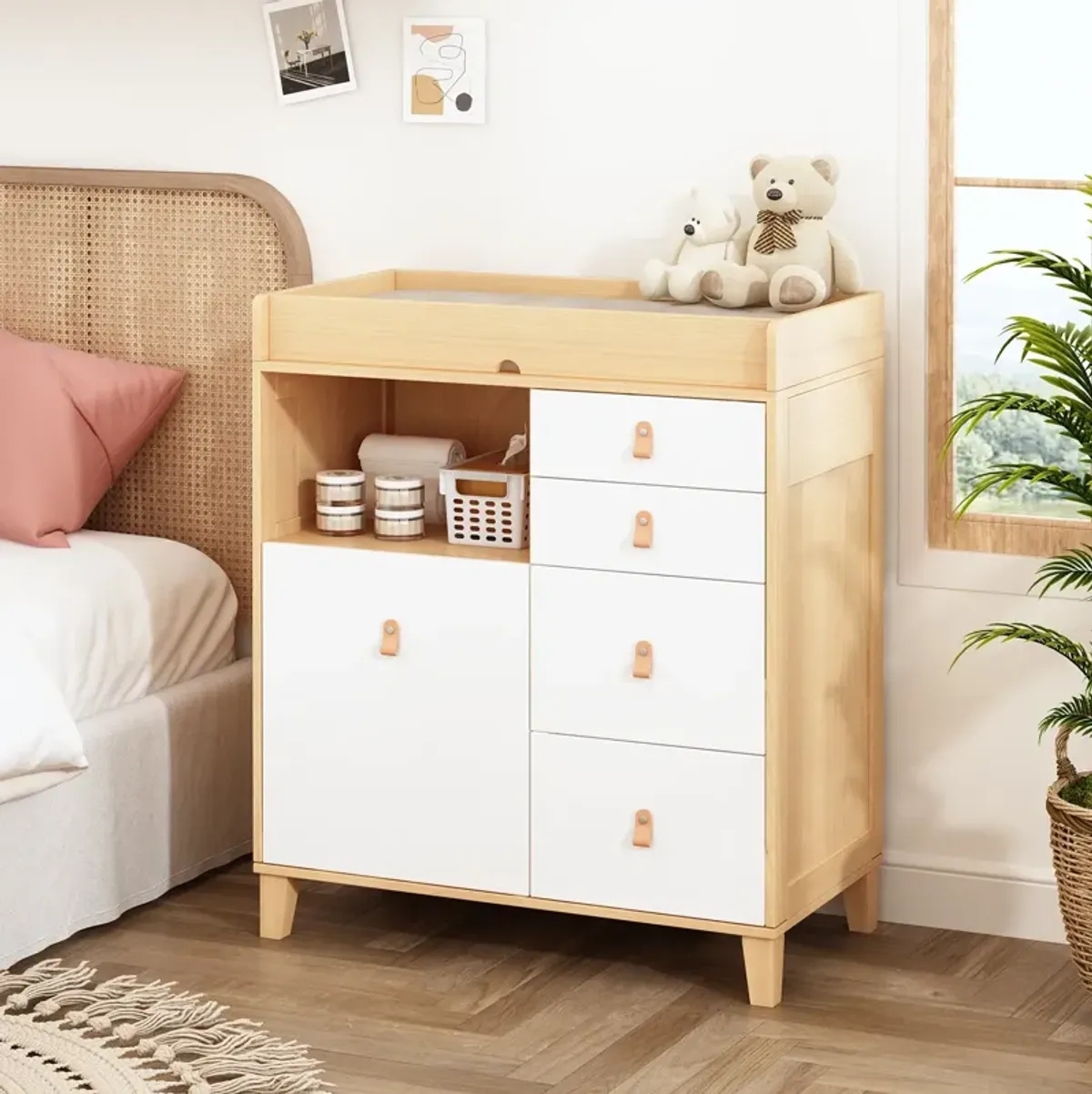 33.5 in. W Burly Wood Grain and White Rectangle Wooden End/Side Table with 5 Drawers, Top Storage Surface and Open Shelf