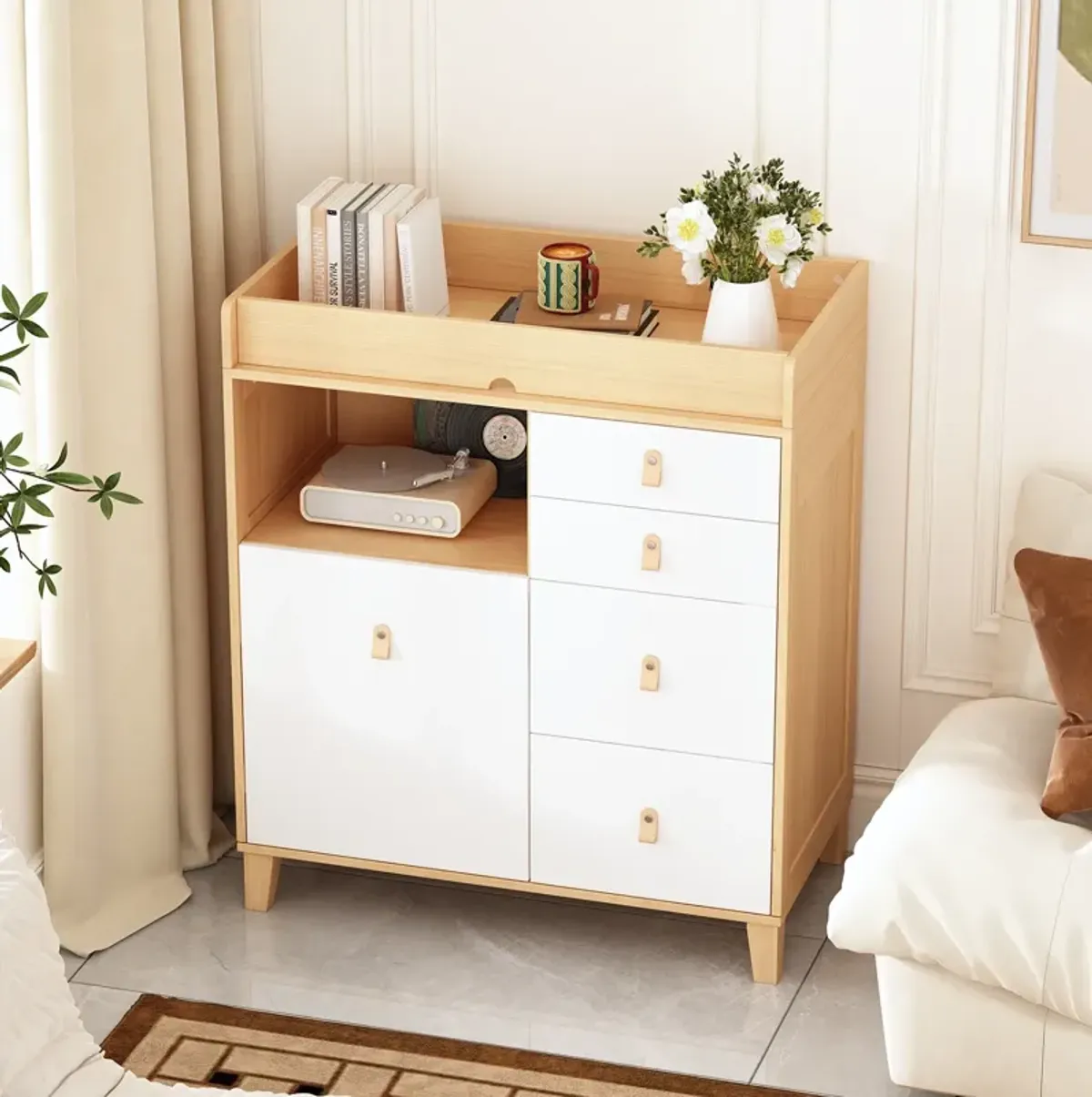 33.5 in. W Burly Wood Grain and White Rectangle Wooden End/Side Table with 5 Drawers, Top Storage Surface and Open Shelf