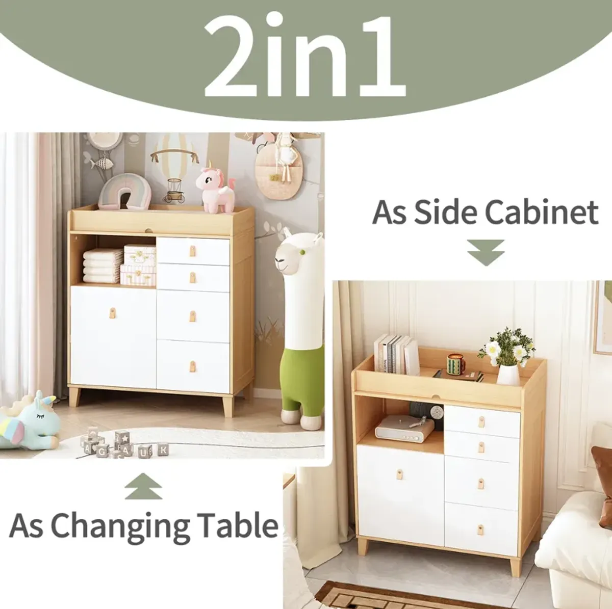 33.5 in. W Burly Wood Grain and White Rectangle Wooden End/Side Table with 5 Drawers, Top Storage Surface and Open Shelf